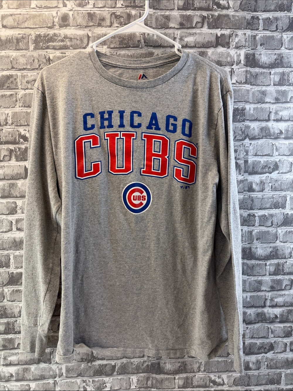 Majestic Gray Chicago Cubs Long Sleeve Tee with Red & Blue Logo